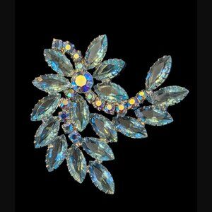 Vintage Juliana Blue Crystal And Aurora Borealis Flower Brooch 2.5" Long